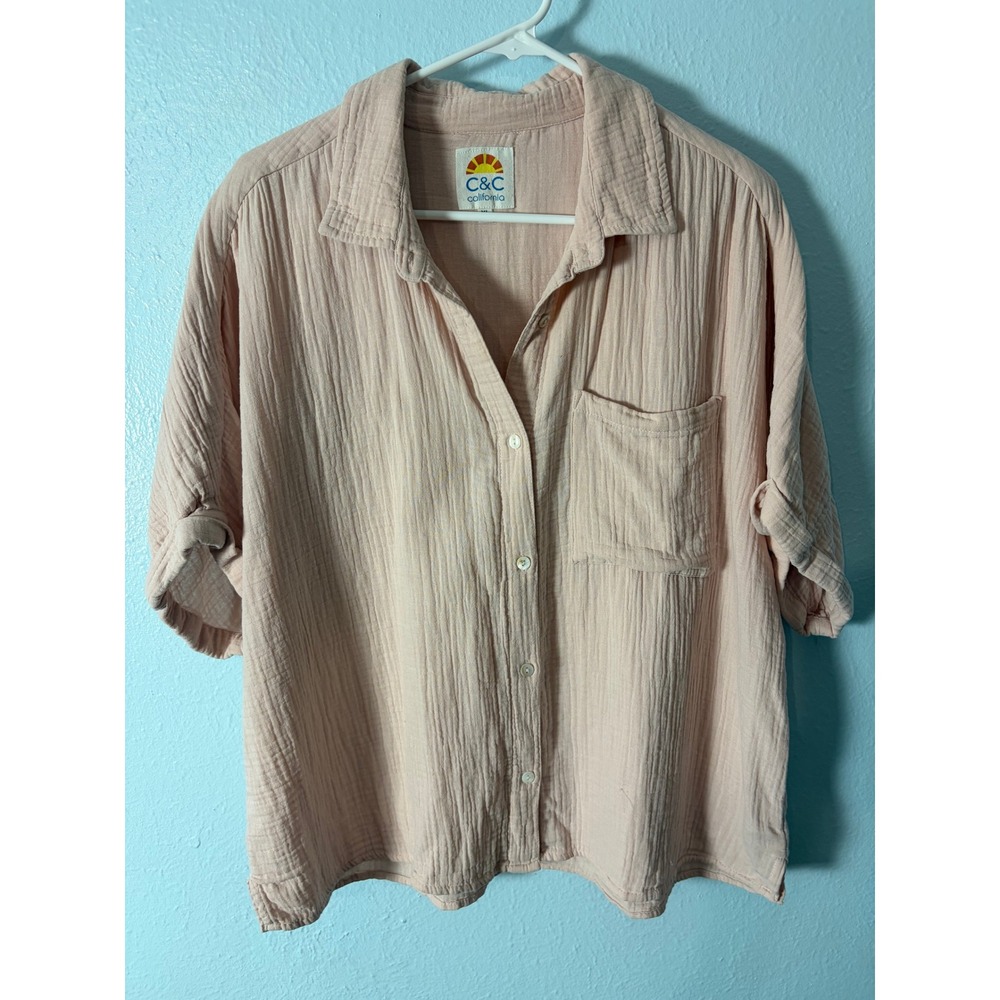 C&C California Women XL Pink Double Gauze Cotton Button Down Boxy Coastal Beach